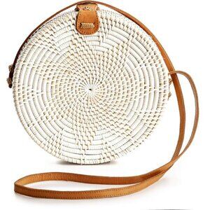 Round Rattan Bag for Women - Handmade Straw Bags - Wicker Purse - Brown White